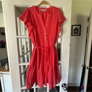 LOFT Flutter Sleeve Waist-Tie Dress Coral Red
